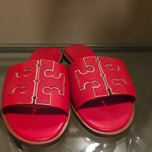 Tory Burch Brilliant Red /Spark Gold Slide Sandals with Logo
